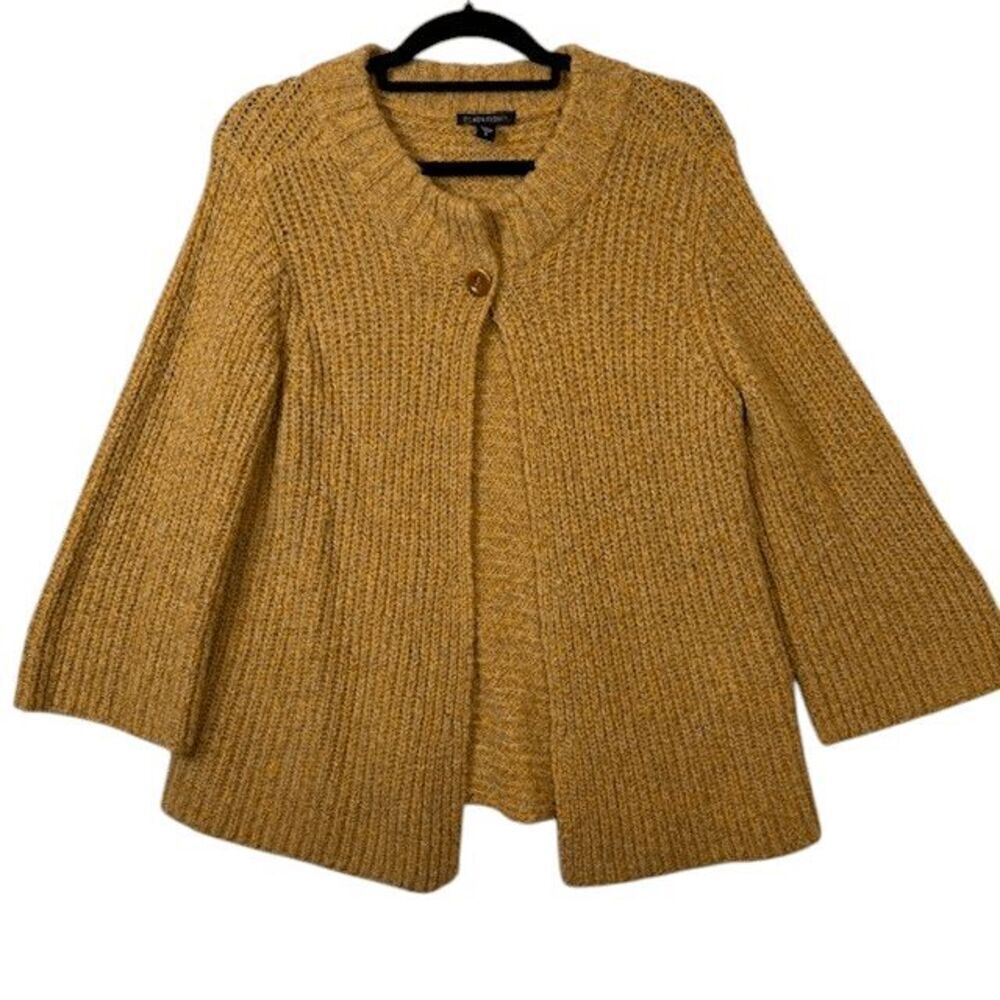 Eileen Fisher Merino Wool Blend One Button Cardigan Cape Marled Gold Size Small
